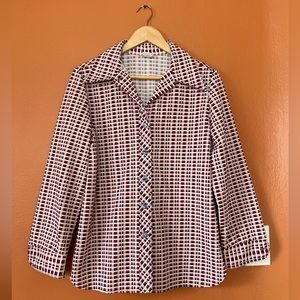 Vintage Montgomery Ward Button-Up Women’s Checkered Navy Red White Blouse, Sz 16